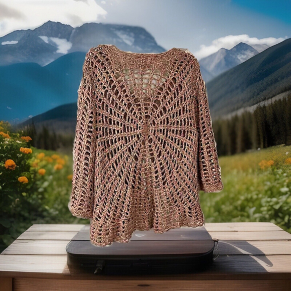 Large Ruby Rd. Pretty Multiple Colored Crocheted Flared Out Shell 3/4 Sleeves - Picture 2 of 8